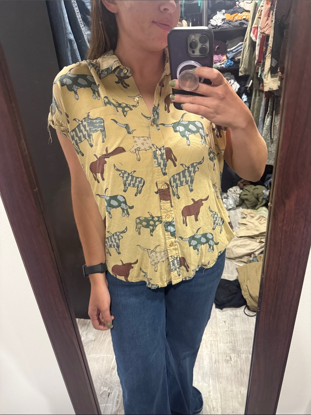 Woven Short-Sleeve Button Front Top in Mustard with Printed Cattle